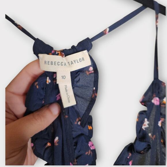 Rebecca Taylor Womens Mia Floral Silk Camisole Ruffle Trim Navy Blue 10 Romantic - Picture 4 of 10